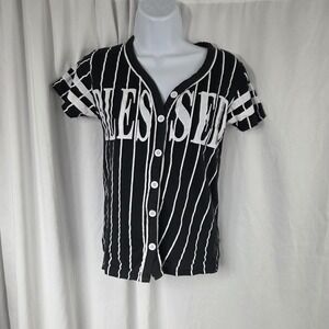 On Fire Shirt Juniors Small Black Blessed 10 Button Front Jersey Top Striped